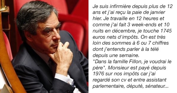 « Nous sommes très loin des sommes à 6 ou 7 chiffres dont on entend parler à la télé... » : sur Facebook, la lettre d'une infirmière en colère contre François et Pénélope Fillon devient virale