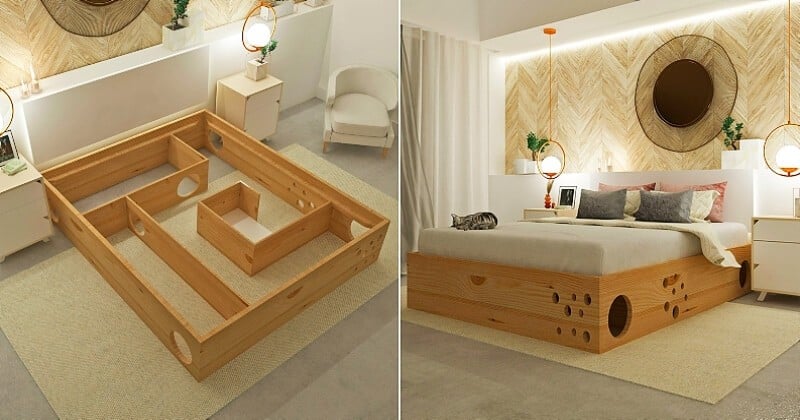 Ce lit et le labyrinthe intégré dans sa structure vont faire le bonheur de votre chat