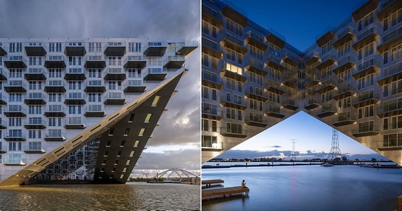 Amsterdam : ce bâtiment au design unique propose des appartements suspendus au-dessus de l'eau