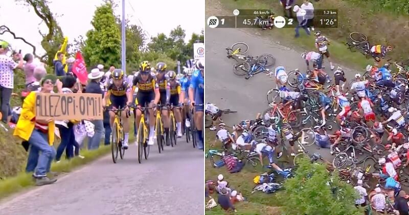 Une spectatrice provoque une chute impressionnante lors de la première étape du tour de France