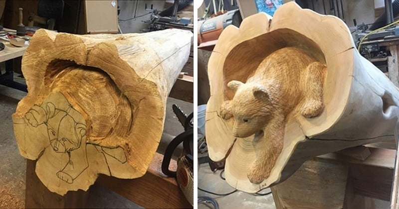 Ce sculpteur sur bois japonais transforme les troncs d'arbres morts pour en faire jaillir des animaux de la forêt 