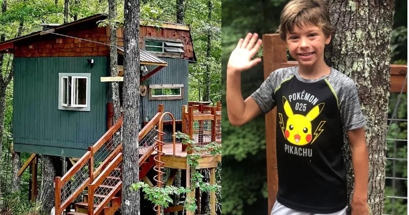 Un garçon de neuf ans a créé sa cabane de rêve avec un trampoline et une tyrolienne