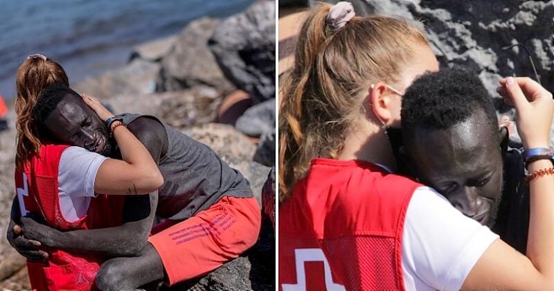 Ce cliché montrant un migrant en train de pleurer dans les bras d'une volontaire de la Croix-Rouge émeut le monde entier