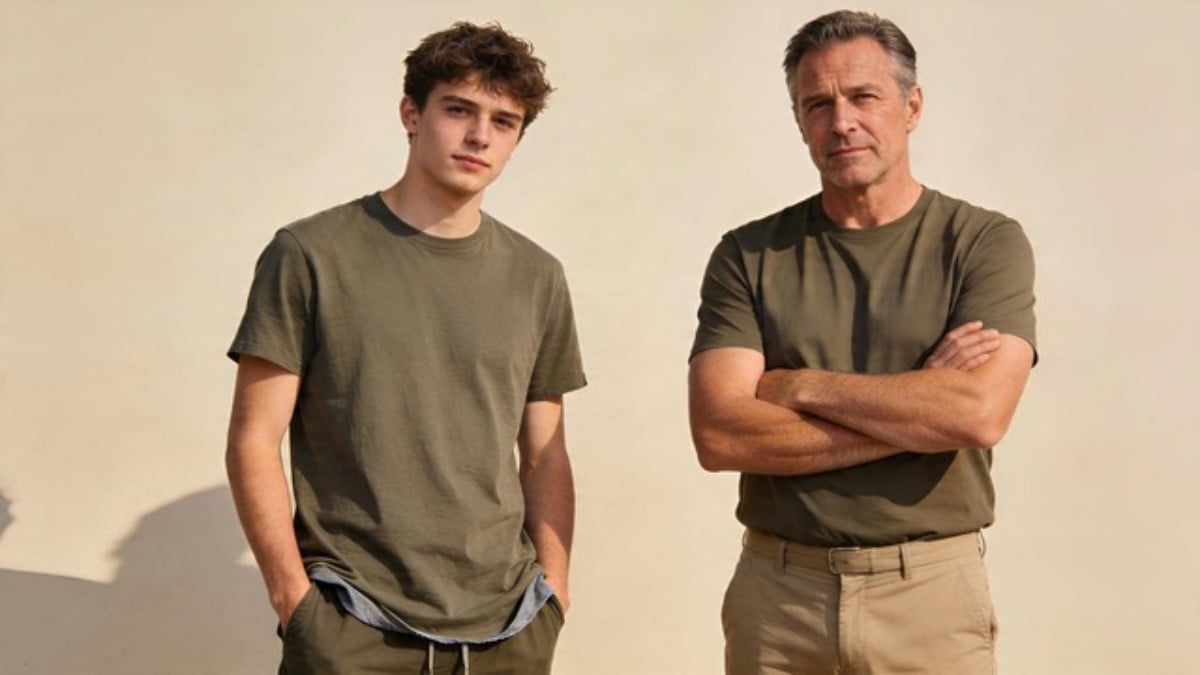 un jeune homme et un homme en t-shirt et pantalon