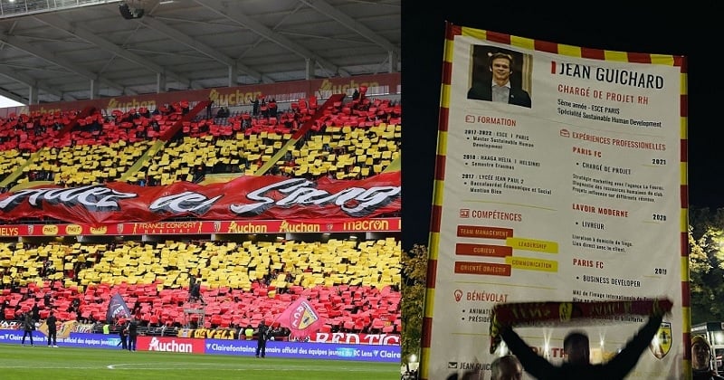 Un jeune diplômé se rend à un match du RC Lens avec son CV imprimé sur une banderole