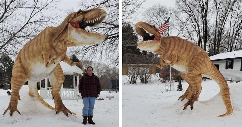 Ce tyrannosaure sculpté avec de la neige semble tout droit sorti de Jurassic Park 