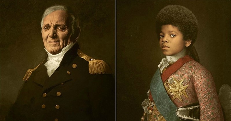 Cet artiste imagine des célébrités en reprenant le style des tableaux de l'époque napoléonienne