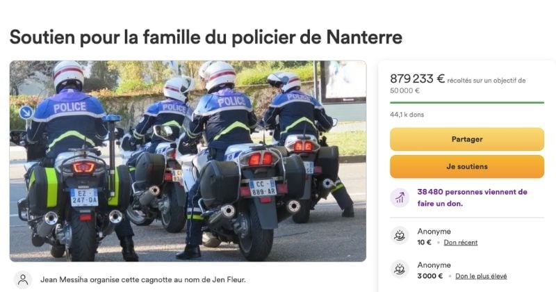 Une cagnotte de 800 000 €, en soutien au policier ayant abattu le jeune Nahel, fait polémique