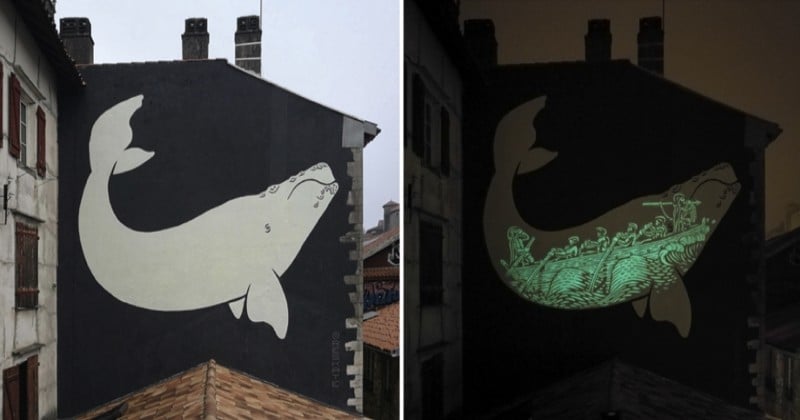 Bayonne : une peinture de street art phosphorescente laisse apparaître des motifs, une fois la nuit tombée