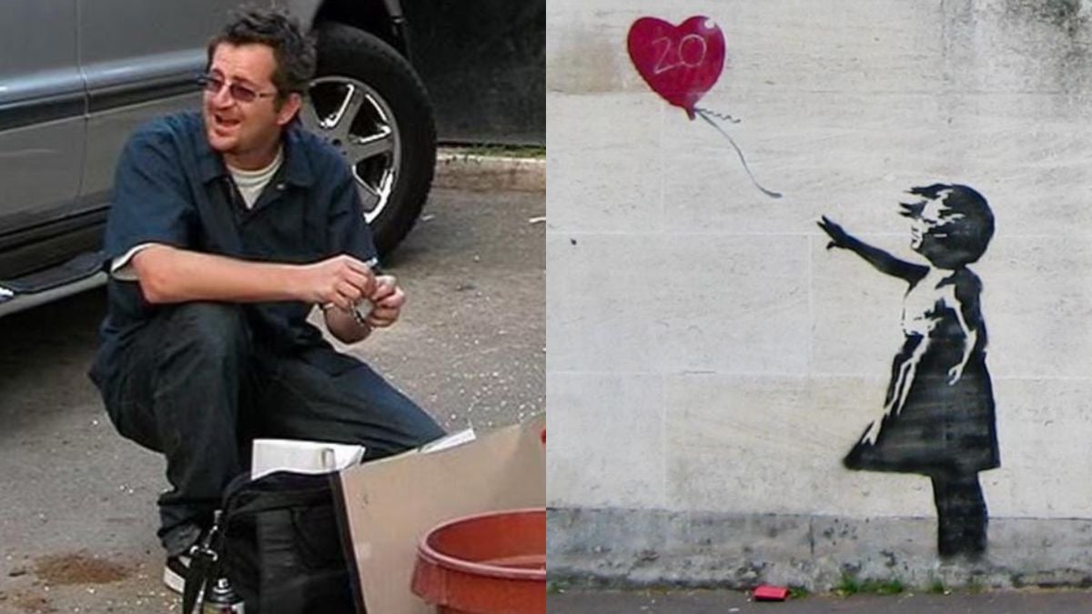 Photo supposée de l'artiste Banksy et de l'une de ses œuvres