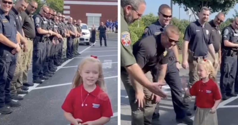 La fille d'un policier décédé est escortée par un collègue de son père pour son premier jour en maternelle 