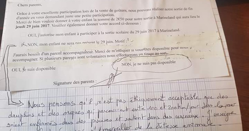 Sensible à la cause animale, il refuse d'aller au Marineland avec sa classe... Le mot d'excuse de sa mère est excellent !