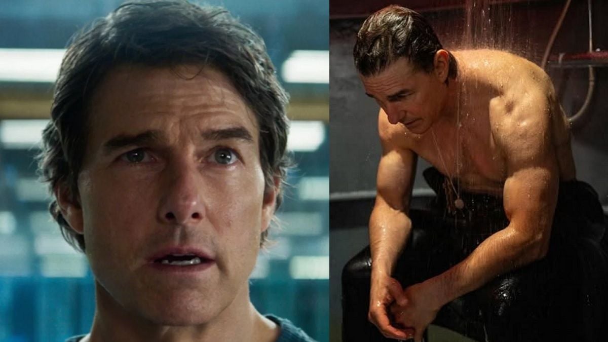 Montage montrant Tom Cruise de gros plan et torse nu dans Mission : Impossible