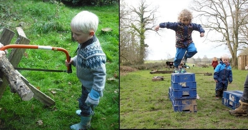 Cette crèche permet aux enfants de jouer avec des scies, de se rouler dans la boue, et de s'égratigner les genoux... Et elle a été couronnée de la meilleure note possible par l'inspection académique de Grande-Bretagne !