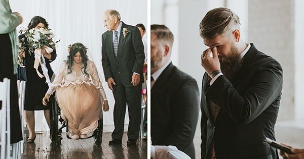 Lors de son mariage, une jeune mariée paralysée se lève miraculeusement de son fauteuil roulant pour s'avancer dans l'allée... La réaction des invités est magnifique !