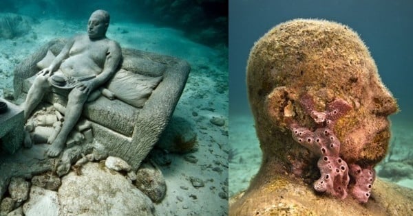Il fabrique des sculptures dans un matériau spécial, et observe ensuite leur lente métamorphose au fond des océans... Fascinant !