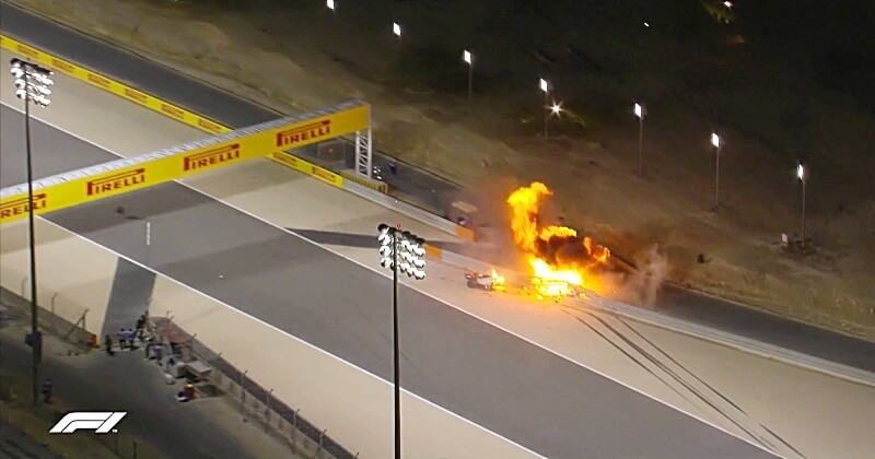 Romain Grosjean victime d'un accident impressionnant lors du Grand Prix de Formule 1 de Bahreïn