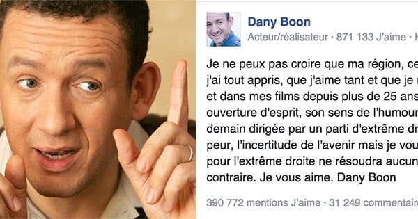 Dany Boon publie un puissant message sur les réseaux sociaux à propos de la montée du FN dans le Nord...