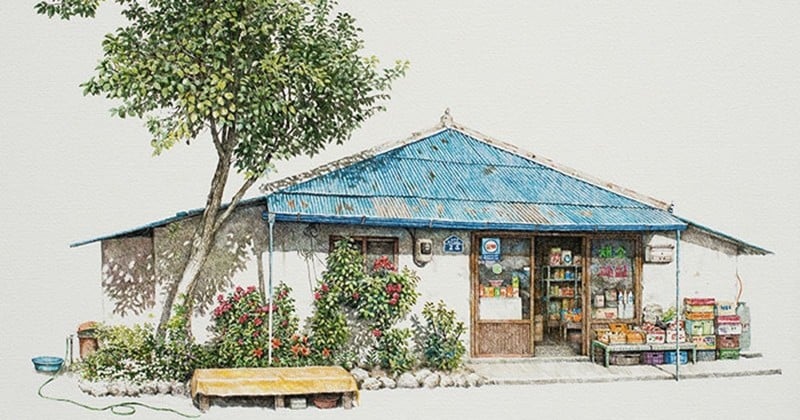 Moment poésie : une artiste coréenne illustre sa jeunesse à l'encre acrylique en dessinant les plus jolies façades des boutiques locales qu'elle prenait plaisir à fréquenter