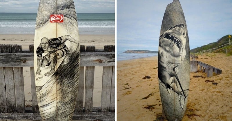 Ce jeune Australien donne une seconde vie aux vieilles planches de surf avec une technique de dessins magnifique ! 
