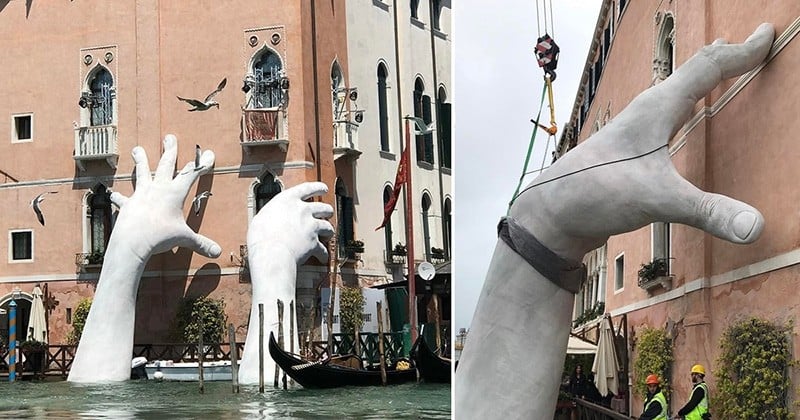 Des mains géantes et monumentales sortent de l'eau à Venise pour soutenir des immeubles... et alerter sur le changement climatique
