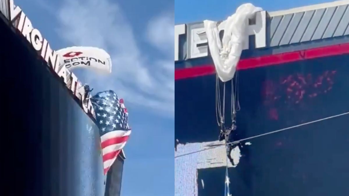 Un parachutiste s'écrase sur l'écran géant du Lane Stadium, le 18 avril à Blacksburg (États-Unis)