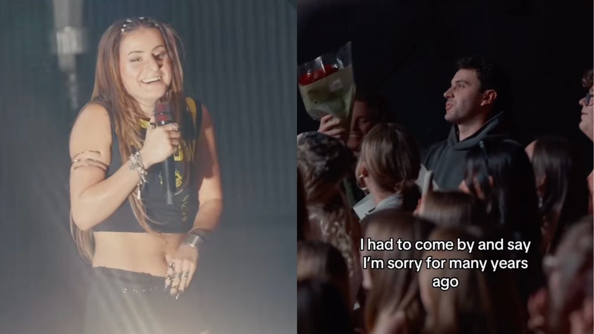 La chanteuse Natalie Jane s'interrompt, en plein concert, en reconnaissant le garçon qui la harcelait à l'école