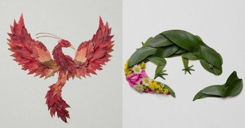 À l'aide de fleurs et de feuilles, il réalise de magnifiques sculptures végétales