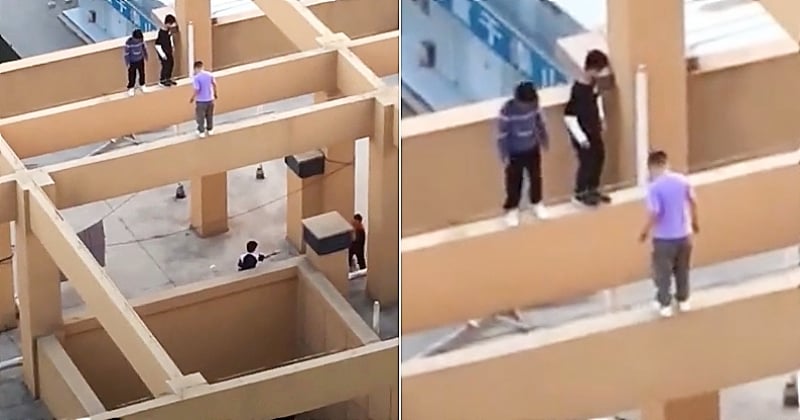 Cette vidéo tournée à Wuhan montre des enfants jouer sur des poutres à 35 mètres de hauteur