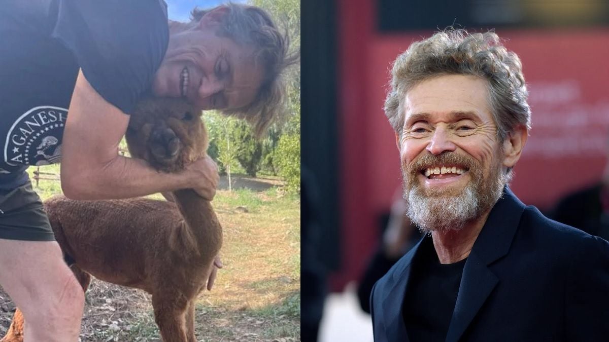 Willem Dafoe dans sa ferme avec un alpaga
