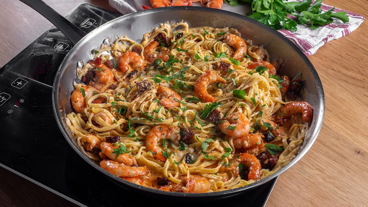 Pâtes crémeuses aux crevettes et chorizo