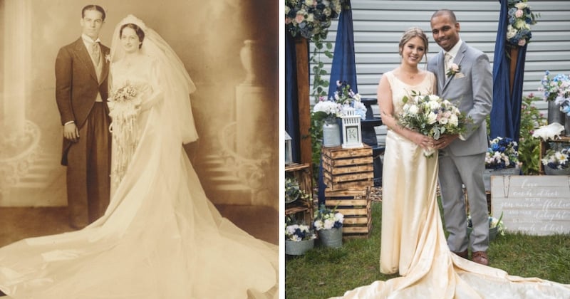 Le jour de son mariage, elle porte la robe de mariée appartenant à son arrière-grand-mère, le résultat est magnifique 