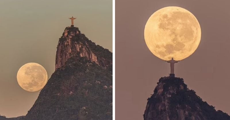 La statue du Christ rédempteur tient la pleine lune des deux bras sur une photo sublime