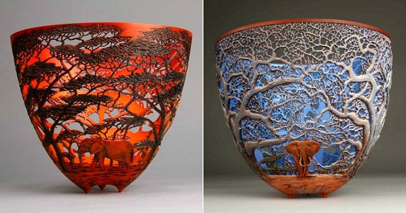 Il sculpte des vases dans le bois qu'il récupère, et le résultat final est sublime