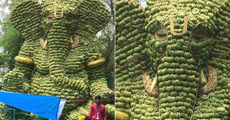 Cette sculpture de plus de 7 mètres de hauteur est faite avec 5,5 tonnes de bananes