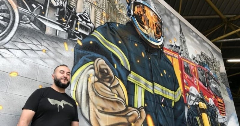 Tourcoing : il crée une fresque de 10 mètres de long pour rendre hommage aux soldats du feu sur la caserne des pompiers