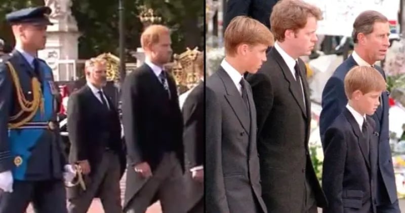 Le prince William et Harry côte à côte pendant la procession d'Elizabeth II, comme ils l'avaient fait pour Diana il y a 25 ans