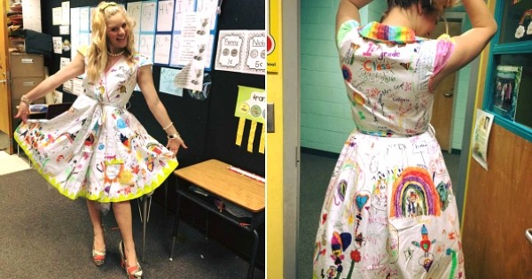 Pour fêter le dernier jour d'école de l'année, cette institutrice a laissé ses élèves de CP dessiner sur sa robe. Le résultat aurait de quoi rendre jaloux les plus grands créateurs...