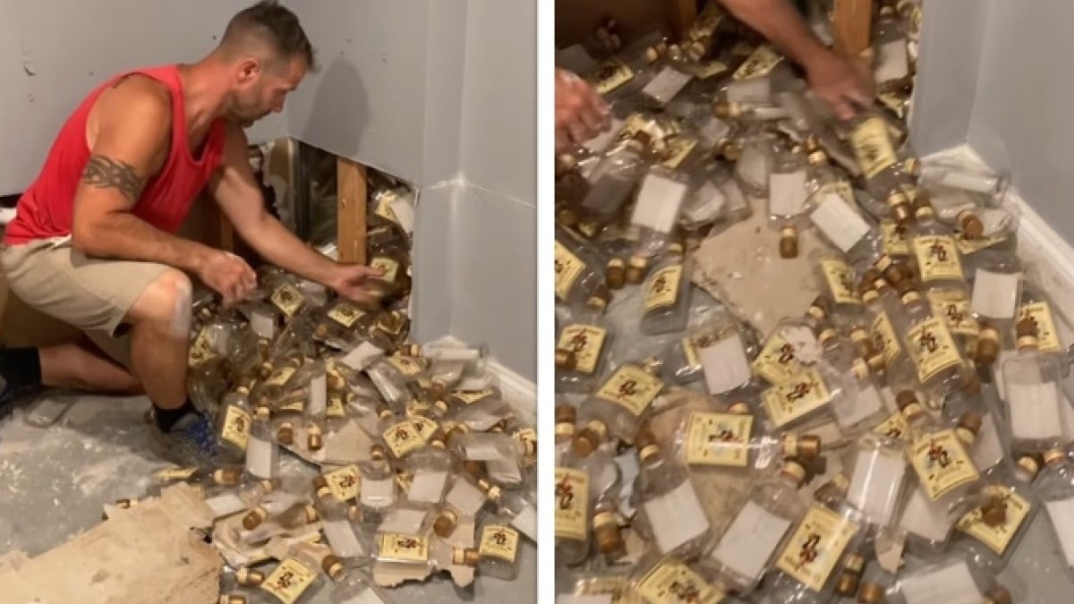 En plein travaux, il casse un mur de sa maison et découvre des centaines de bouteilles de rhum