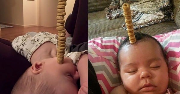 Le nouveau challenge des papas sur internet : empiler le plus de Cheerios possible sur leurs enfants endormis !