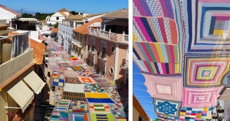 Pour abriter les rues du soleil pendant l'été à Malaga, une artiste a créé une immense tenture en crochet colorée 
