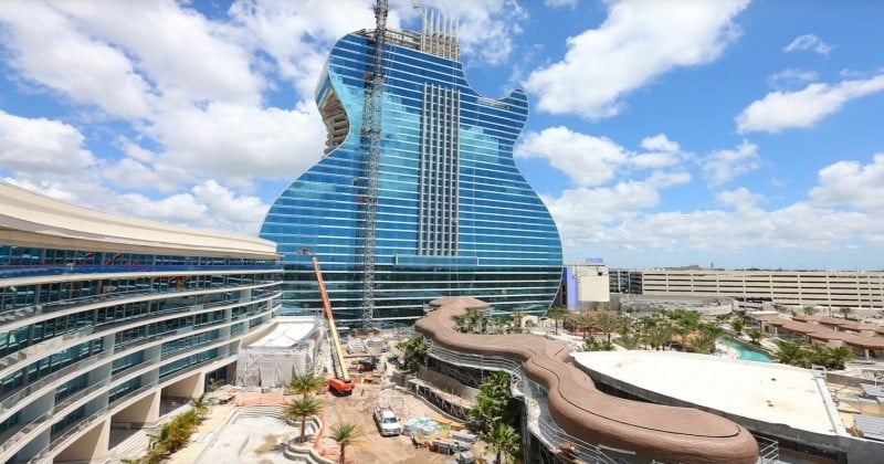 Rivière artificielle, suites avec piscine... En Floride, on s'apprête à ouvrir le premier hôtel du monde en forme de guitare et il sera fou  !