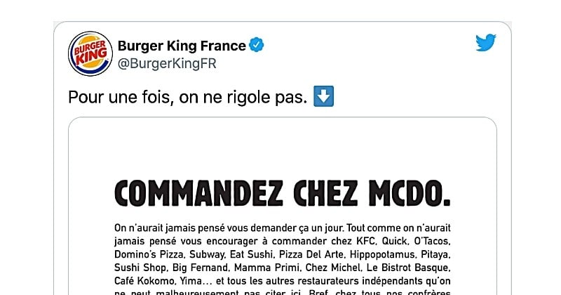 Burger King encourage à commander chez ses concurrents pour aider les restaurateurs face à la crise sanitaire