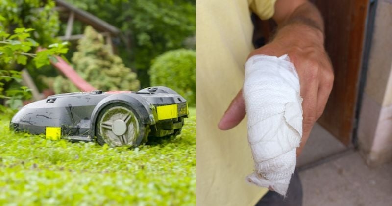 Alors qu'il fait la sieste dans l'herbe, il est réveillé avec effroi par un robot-tondeuse qui lui coupe la main