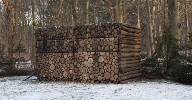 Une pile de bois cache un studio moderne à l'intérieur