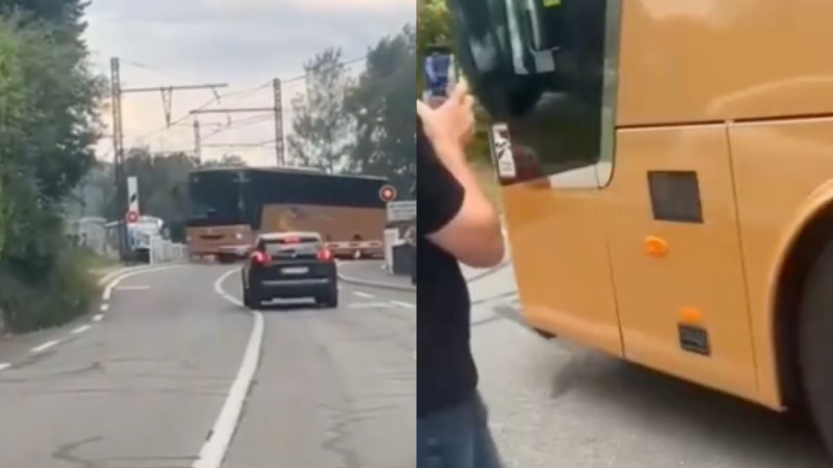 Ce chauffeur inconscient, qui transporte des enfants, tente de forcer un passage à niveau malgré l'arrivée d'un train