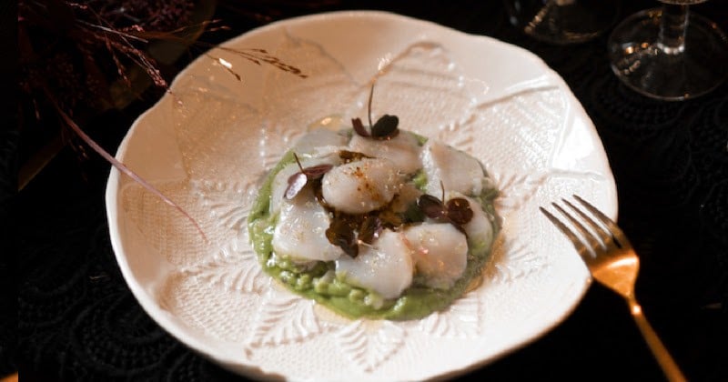 Saint-Jacques crues, mousseline de brocolis, praliné pistache à la fleur de sel et citron caviar