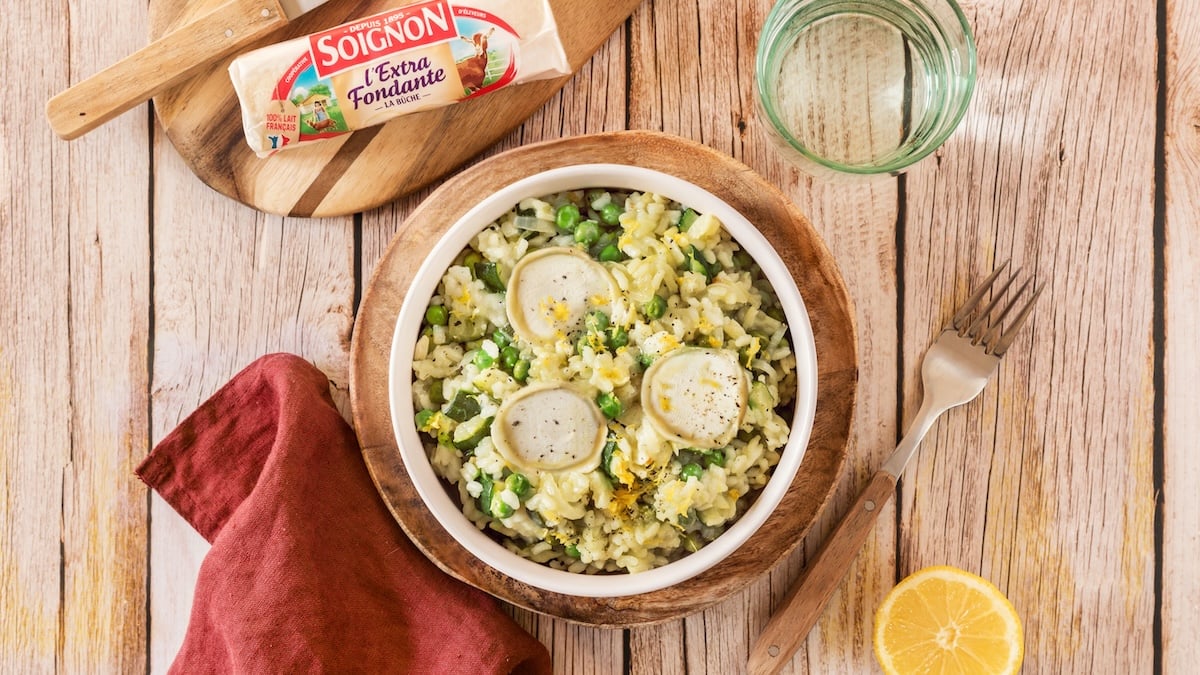 Risotto aux petits pois, courgette et chèvre