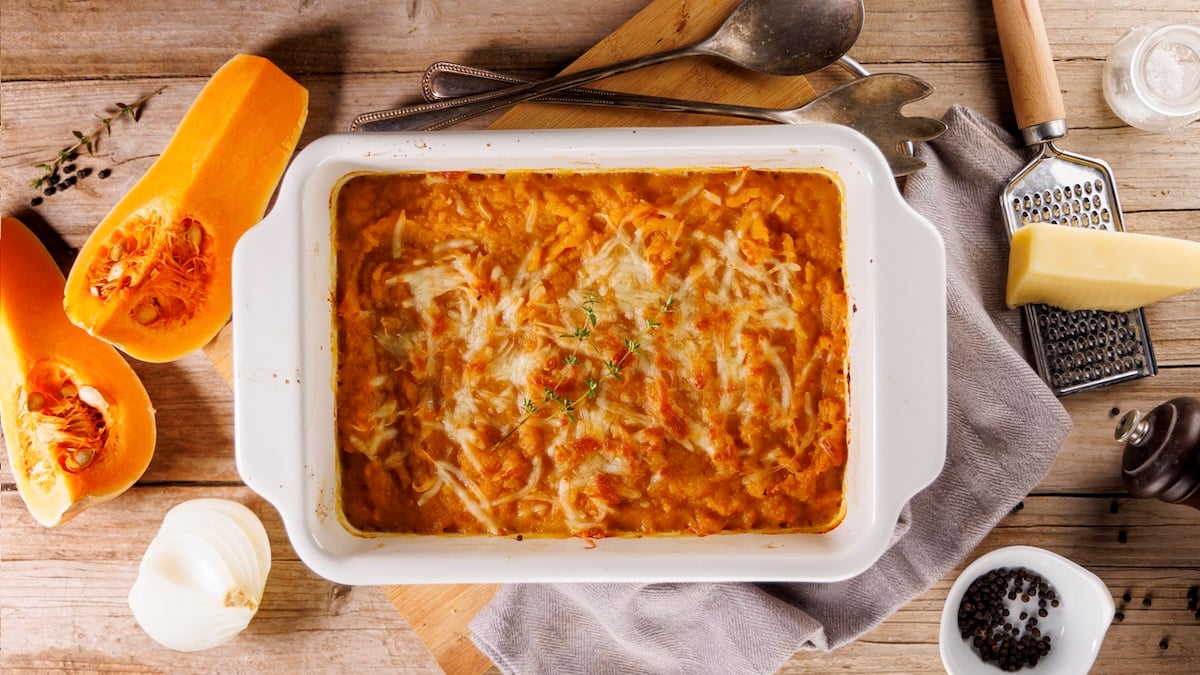 Gratin de butternut au chèvre, miel et noix