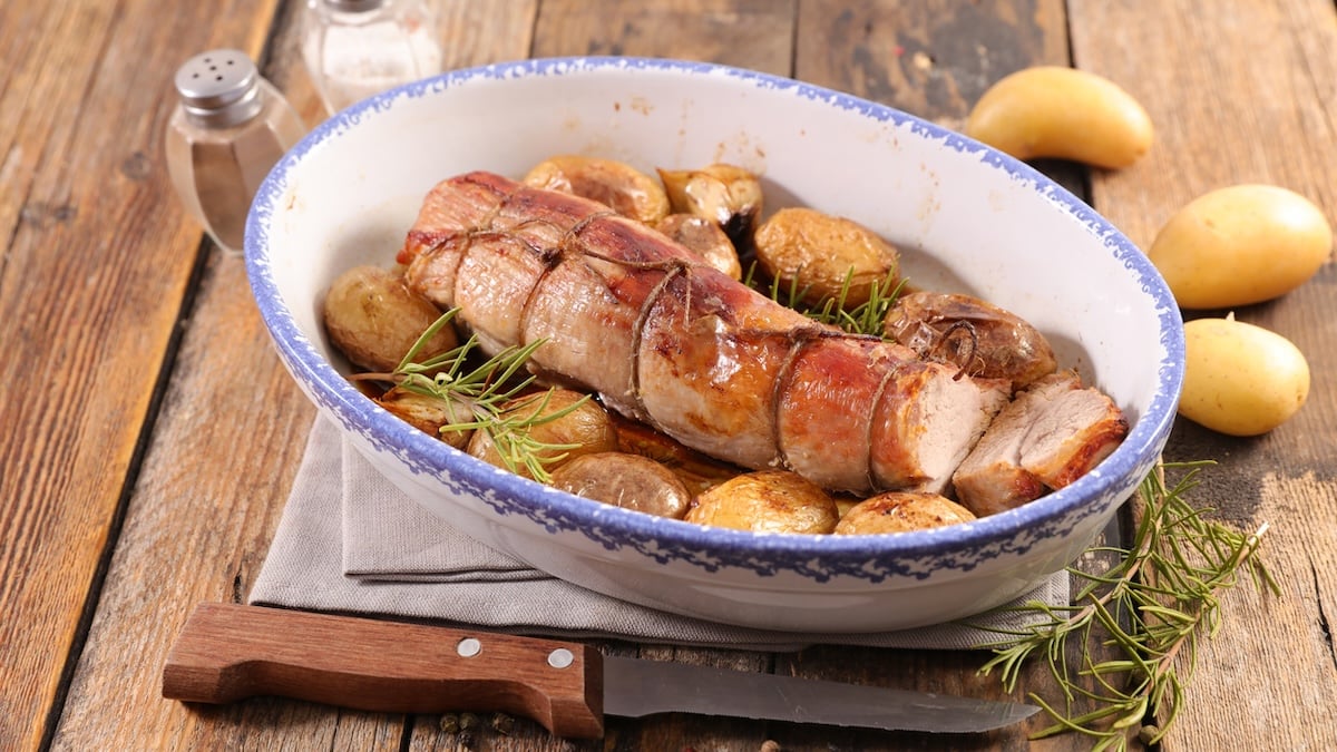 Filet mignon de porc à la moutarde, miel et pommes caramélisées